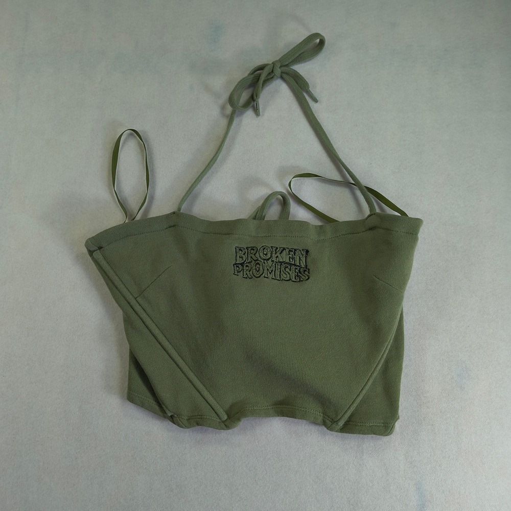 Broken Promises Olive Green Halter Crop Top Corset Lace Up Streetwear Y2K S - Picture 2 of 6